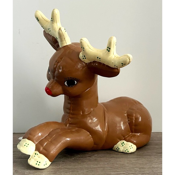 VNTG Large Laying Down Kimple Ceramic Reindeer Figure Red Nose Hand Painted EUC - Picture 1 of 7